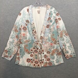 Chicos 2 Open Blazer Paisley Teal Peach‎ White Light Tunic Length Floral Medium
